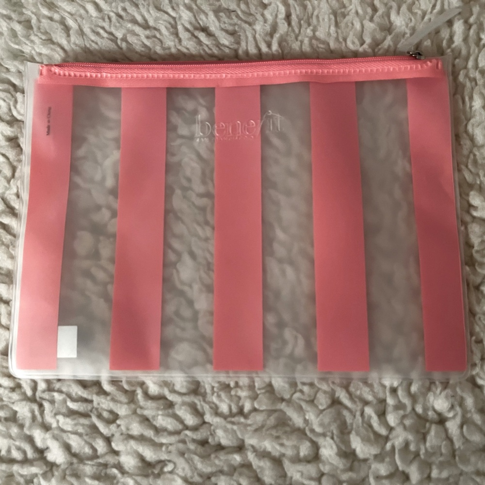 New Benefit Cosmetics Bag Clear with Pink Stripes